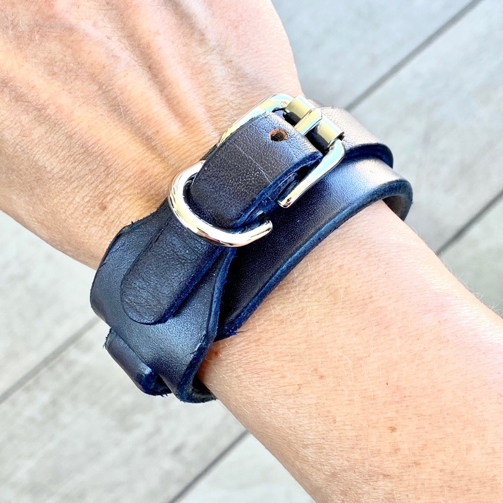 Navy Leather Bracelet with Silver Tone Buckle